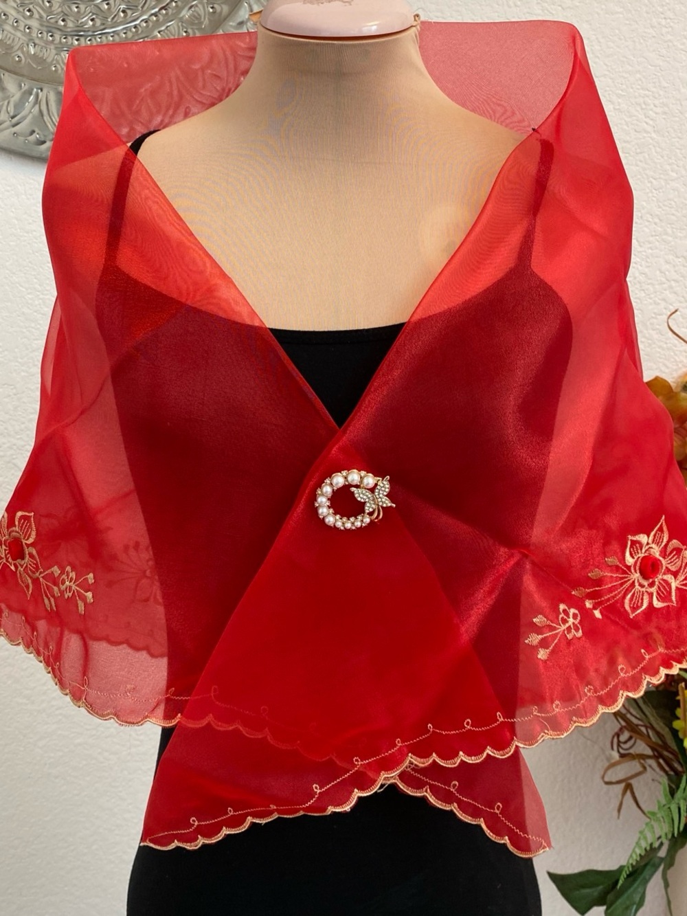 Filipiniana Red Embroidered Organza Shawl Alampay with Free Pearl Brooch(asstd)